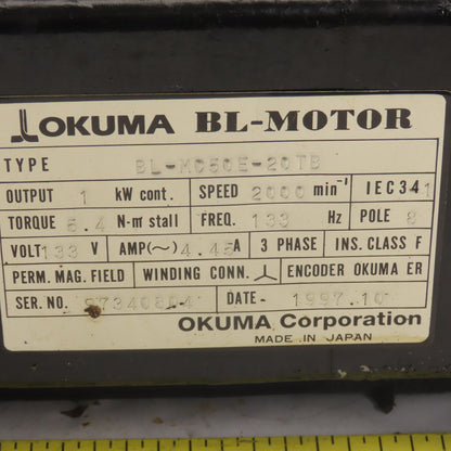 Okuma BL-MC50E-20TB 1kW 2000RPM 3Ph 133V 133Hz BL Motor