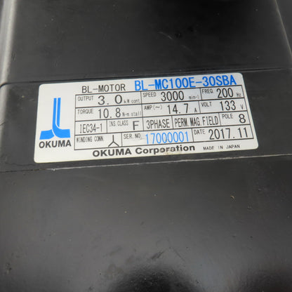 Okuma BL-MC100E-30SBA 3kW 3000RPM 3Ph 133V 200Hz BL Motor