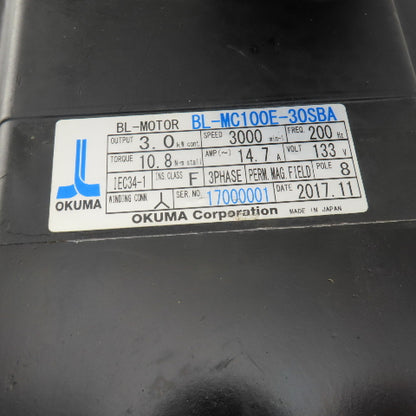 Okuma BL-MC100E-30SBA 3kW 3000RPM 3Ph 133V 200Hz BL Motor