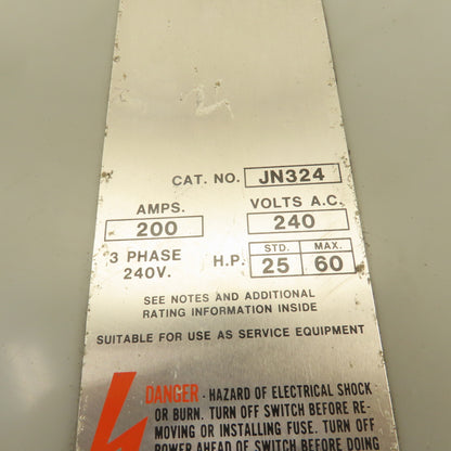 Gould JN324 200A 240VAC 3Ph 60Hp MAX 2 Pole Fused Safety Disconnect