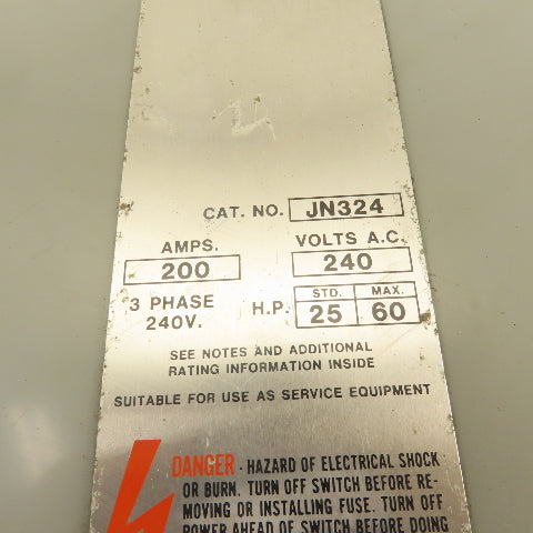 Gould JN324 200A 240VAC 3Ph 60Hp MAX 2 Pole Fused Safety Disconnect