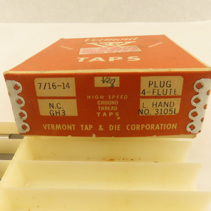 Vermont 7/16"-14 NC HSS GH-3 LEFT Hand Plug Tap Straight 4 Flute Lot of 8
