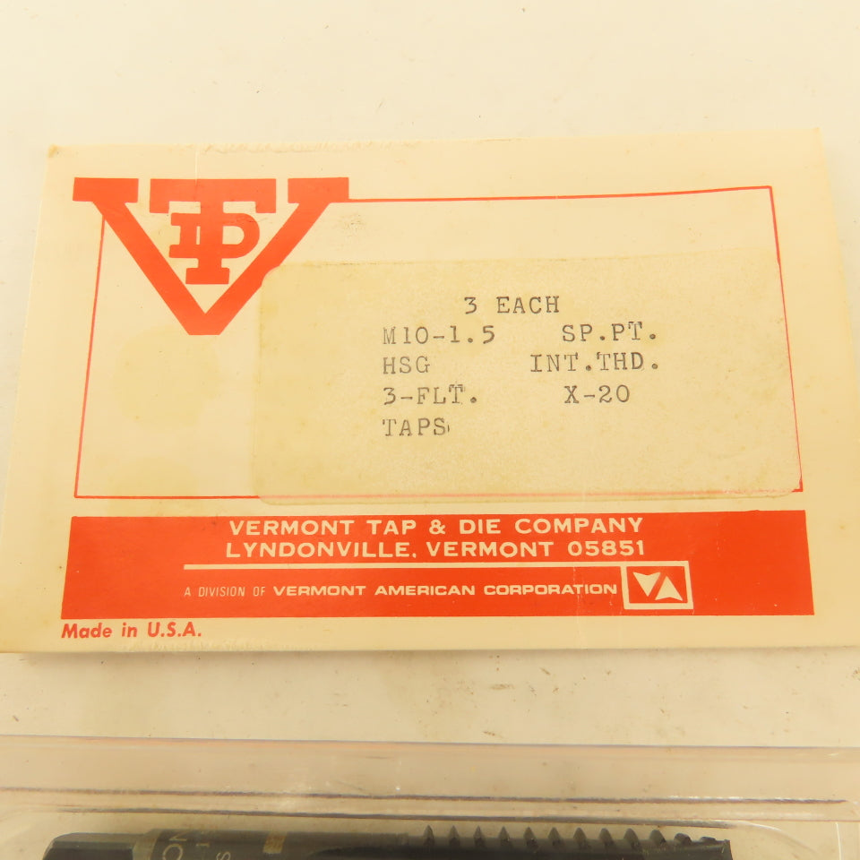 Vermont M10-1.5 HSG Spiral Point 3 Flute Hand Plug Tap Lot of 3