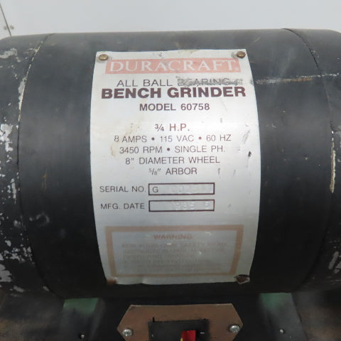 Duracraft 60758 8" Bench Grinder 3/4Hp 3450 RPM W/Pedestal Stand 115V