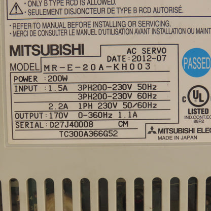 Mitsubishi MR-E-20A-KH003 EZ Motion 200W 3Ph 200-230V 50/60Hz AC Servo Drive