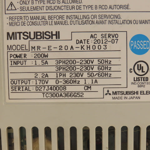 Mitsubishi MR-E-20A-KH003 EZ Motion 200W 3Ph 200-230V 50/60Hz AC Servo Drive