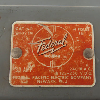 Federal 3332 SN 30A 240V Fused Safety Disconnect Switch 3 PH 3 HP