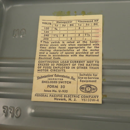 Federal 3332 SN 30A 240V Fused Safety Disconnect Switch 3 PH 3 HP