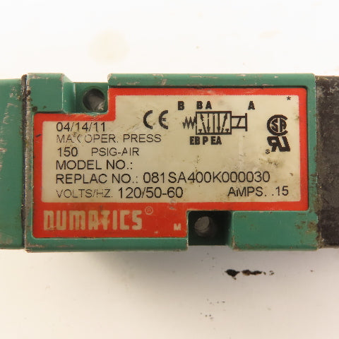 Numatics 81SA400K000030 Single Solenoid Air Valve 150PSI 120V Coil