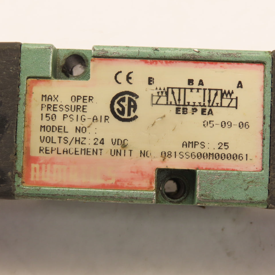 Numatics 081SS600M000061 Pneumatic Directional Valve 5/3 Way Closed Center 24VDC