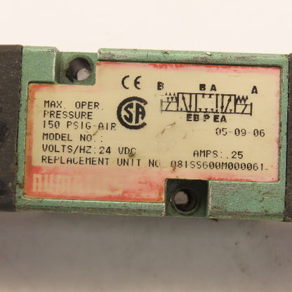 Numatics 081SS600M000061 Pneumatic Directional Valve 5/3 Way Closed Center 24VDC
