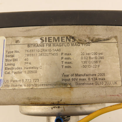 Siemens 7ME6110-2RA10-1AA0 Electromagnetic Flow Sensor 1-1/2" Stainless Steel