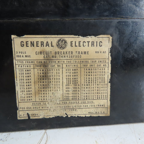 General Electric TKM836F000 600A 600V 3 Pole Molded Case Circuit Breaker