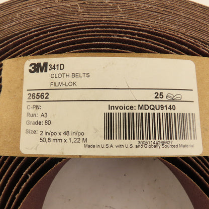 3M 26562 341D Sanding Belt 2" Wide 48" Long 80 Grit Cloth Backer Lot Of 21
