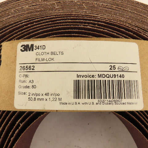 3M 26562 341D Sanding Belt 2" Wide 48" Long 80 Grit Cloth Backer Lot Of 21