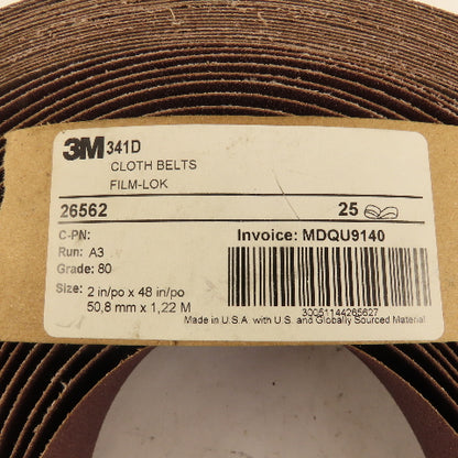 3M 26562 341D Sanding Belt 2" Wide 48" Long 80 Grit Cloth Backer Lot Of 21