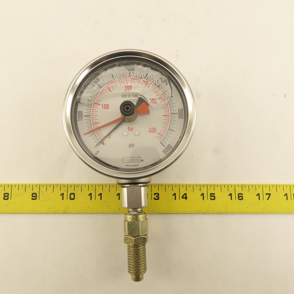 Noshok 0-6000PSI Glycerin Filled Pressure Gauge 4" Bottom Port 1/4" MIP Red Hand