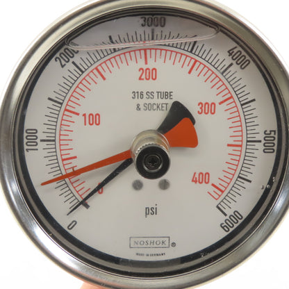 Noshok 0-6000PSI Glycerin Filled Pressure Gauge 4" Bottom Port 1/4" MIP Red Hand