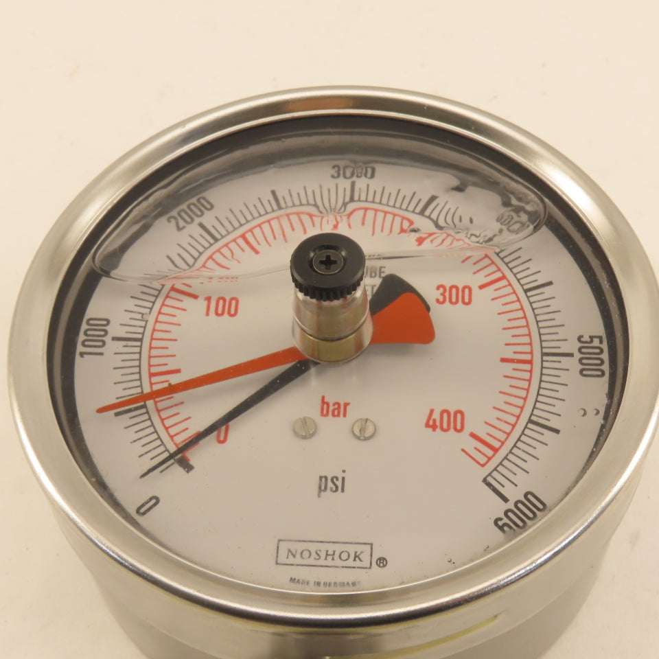 Noshok 0-6000PSI Glycerin Filled Pressure Gauge 4" Bottom Port 1/4" MIP Red Hand