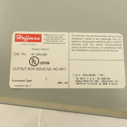 Hoffman A-10N106 Electrical Enclosure 10"x10"x6" Wall Mount Type 1 W/ Back Plate