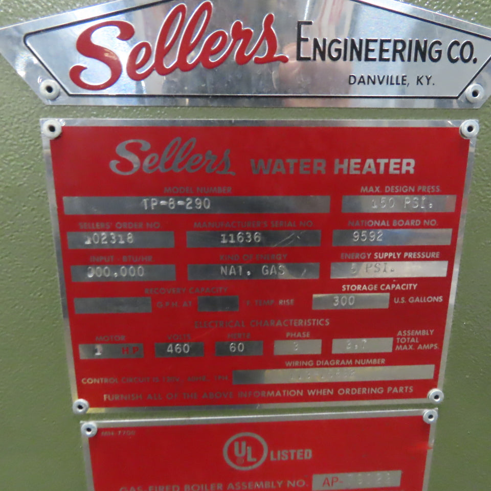 Sellers TP-8-290 Two Pass  Immersion 300 Gallon Water Heater Nat. Gas Fired 1Ph