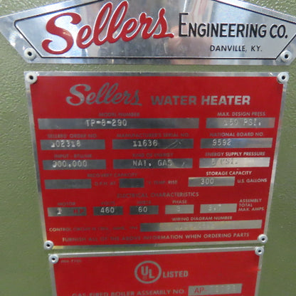 Sellers TP-8-290 Two Pass  Immersion 300 Gallon Water Heater Nat. Gas Fired 1Ph