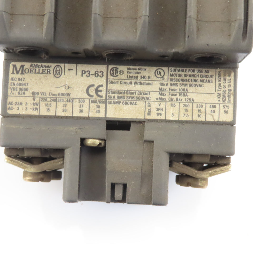 Moeller P3-63 600V 100A Max Main Rotary Disconnect Switch Panel Operator