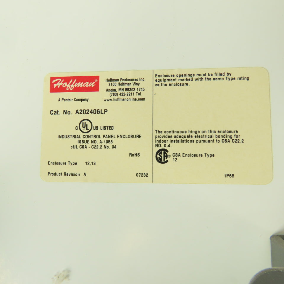 Hoffman A202406LP Electrical Enclosure 20"H x 24"W x 6" D NEMA Type 12&13