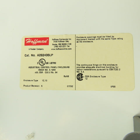 Hoffman A202406LP Electrical Enclosure 20"H x 24"W x 6" D NEMA Type 12&13