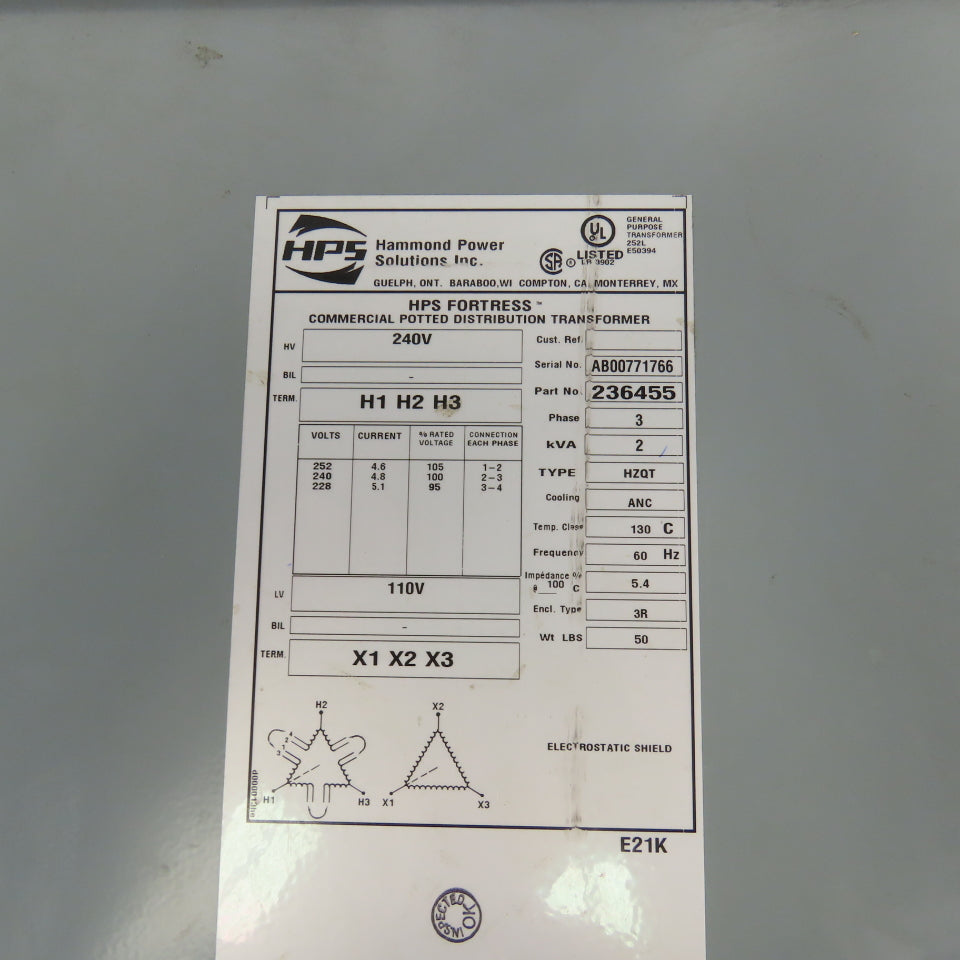 Hammond 236455 3 Phase 2 kVA Transformer 252/240/228HV 110LV