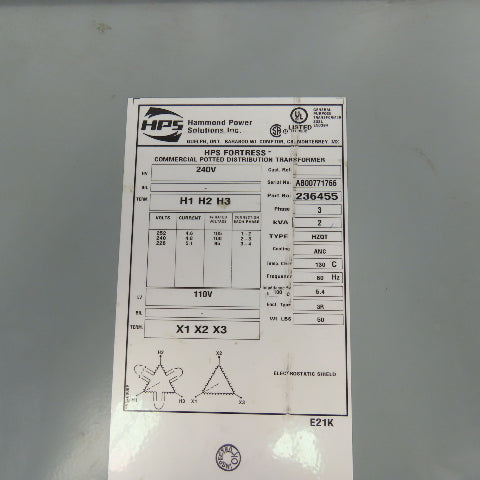 Hammond 236455 3 Phase 2 kVA Transformer 252/240/228HV 110LV