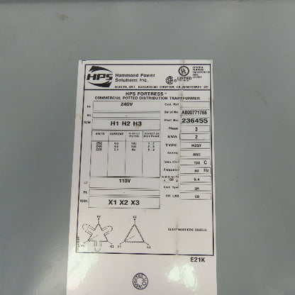 Hammond 236455 3 Phase 2 kVA Transformer 252/240/228HV 110LV
