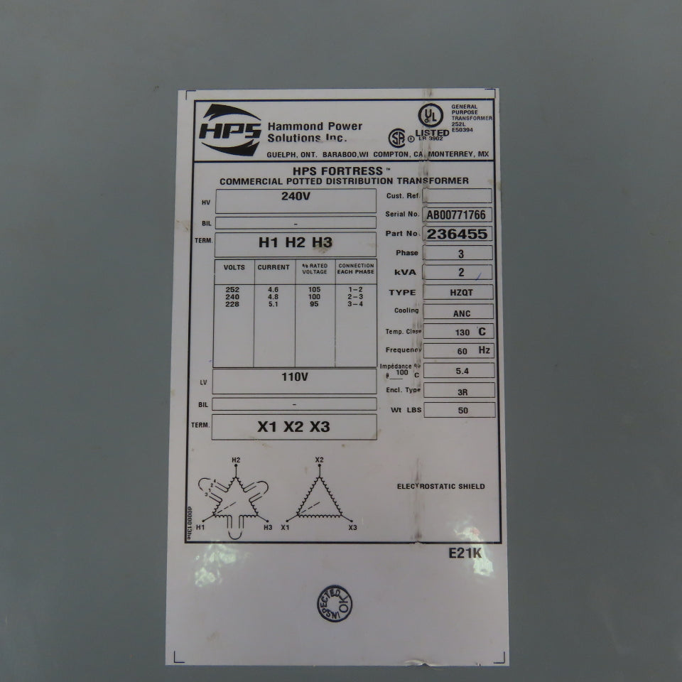 Hammond 236455 3 Phase 2 kVA Transformer 252/240/228HV 110LV