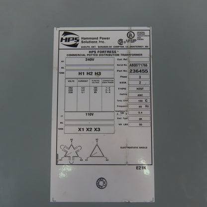 Hammond 236455 3 Phase 2 kVA Transformer 252/240/228HV 110LV