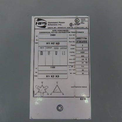 Hammond 236455 3 Phase 2 kVA Transformer 252/240/228HV 110LV