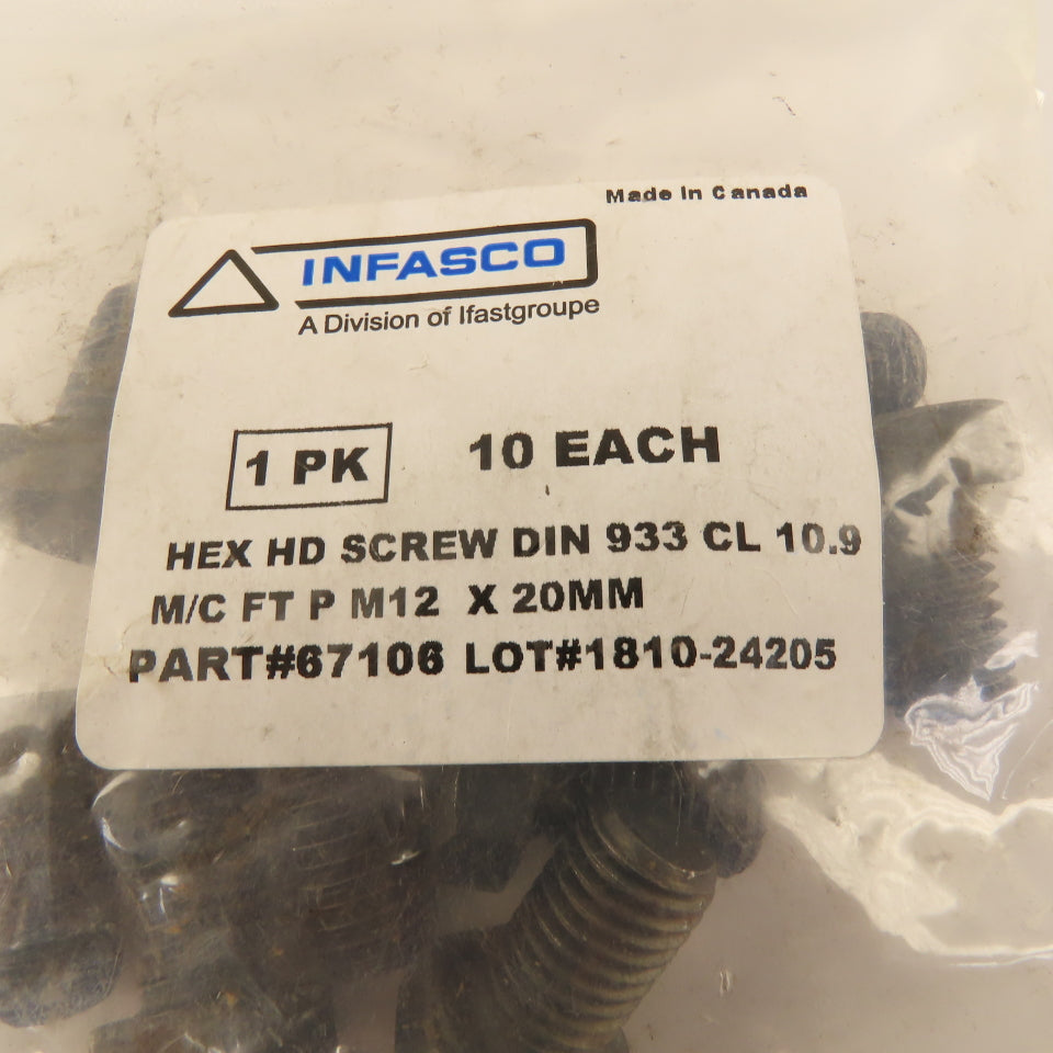 M12 x 20mm Hex Head Metric Bolt CL 10.9 Lot Of 10