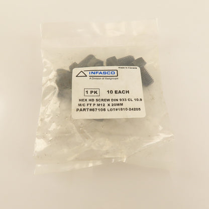 M12 x 20mm Hex Head Metric Bolt CL 10.9 Lot Of 10