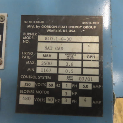 Gordon Platt R10.1-G-30 Natural Gas Burner W/3Hp 3Ph Blower MBH3500 Max/1167 min
