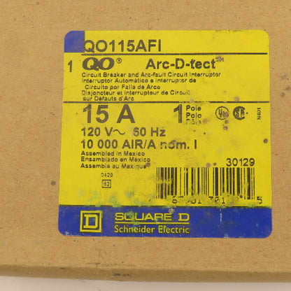 Square D QO115AFI 15A 120VAC 1 Pole Circuit Breaker Arc-D-Tect GFI