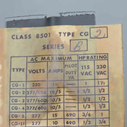 Square D 8501CG2 Class 8501 Type CG2 Magnetic Relay 277/600V 1/2Hp 120V Coil