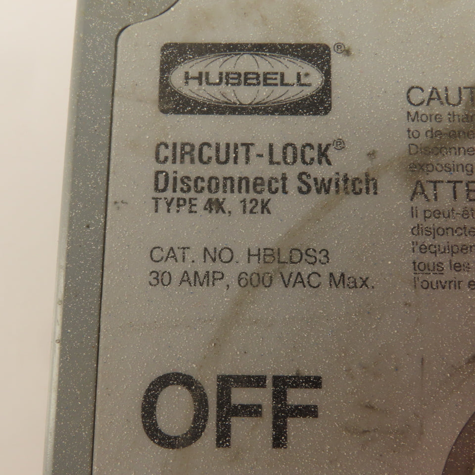 Hubbell HBLDS3 30A 600VAC Circuit-Lock Disconnect Switch 3 Pole Nema 4x Enc