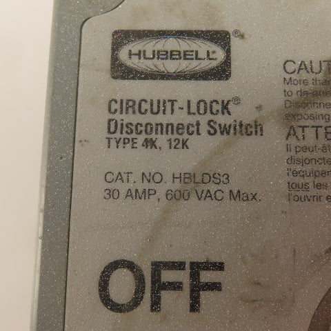 Hubbell HBLDS3 30A 600VAC Circuit-Lock Disconnect Switch 3 Pole Nema 4x Enc