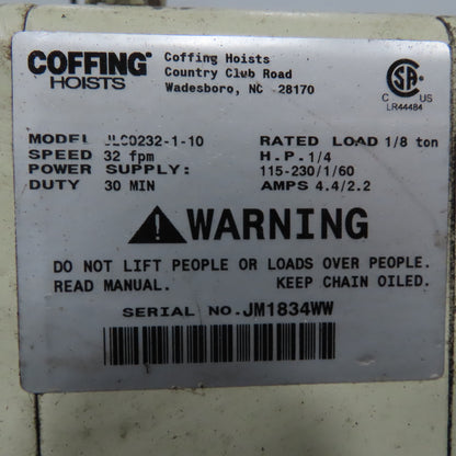 Coffing JLC0232-1-10 Electric Chain Hoist 1/8 Ton 32FPM 10' Lift 115/230 1Ph