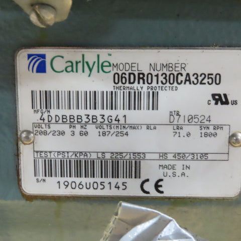Carlyle 06DR0130CA3250 2 HP Semi-Hermetic Reciprocating Compressor 208/230V 3Ph