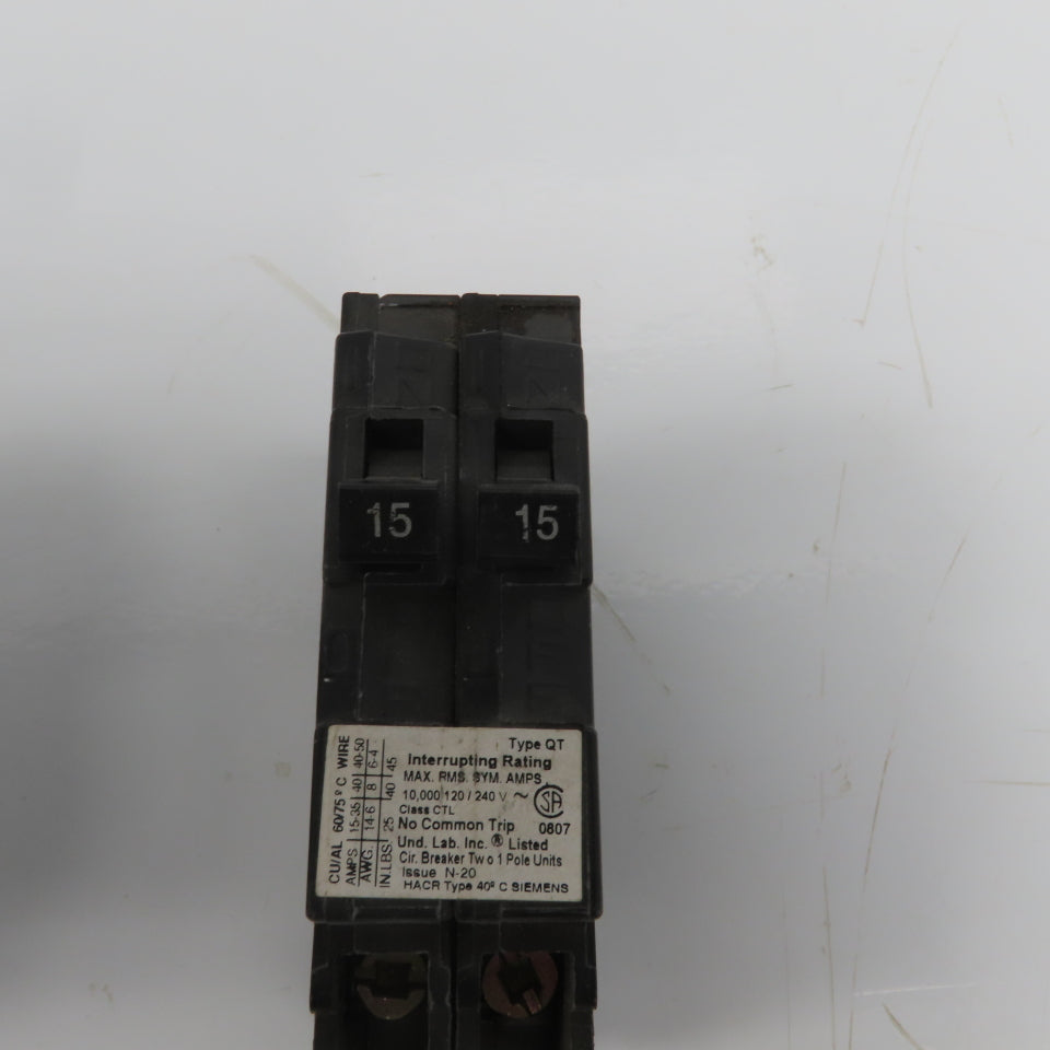 Siemens Q1515 15 Amp Dual Circuit Breaker Type QT 120/240VAC Lot Of 2