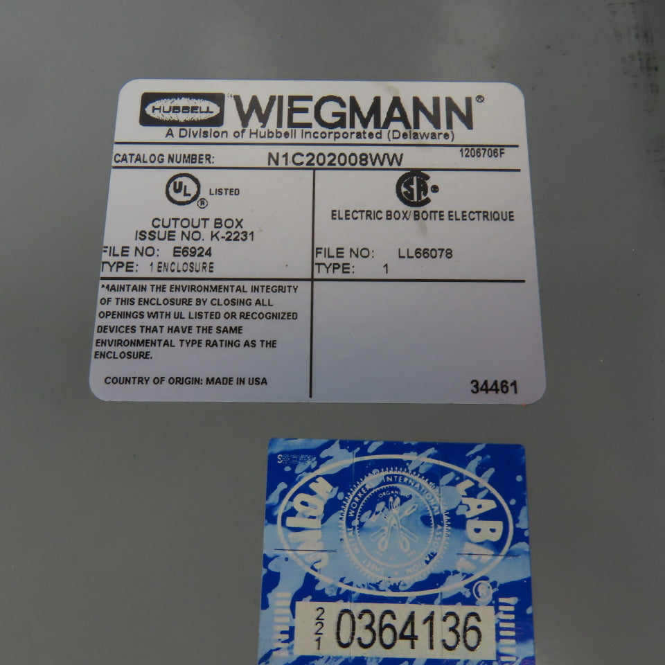 Wiegmann N1C202008WW 20" x 20" x 8" Type 1 Electrical Enclosure