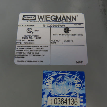 Wiegmann N1C202008WW 20" x 20" x 8" Type 1 Electrical Enclosure