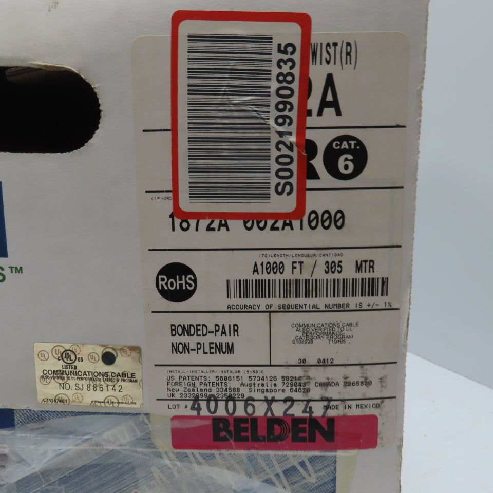 Belden 1872A 002A1000 23 AWG 4 Pair Cat 6 Bonded Pair Communications Cable 1000'