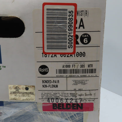 Belden 1872A 002A1000 23 AWG 4 Pair Cat 6 Bonded Pair Communications Cable 1000'
