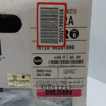 Belden 1872A 002A1000 23 AWG 4 Pair Cat 6 Bonded Pair Communications Cable 1000'